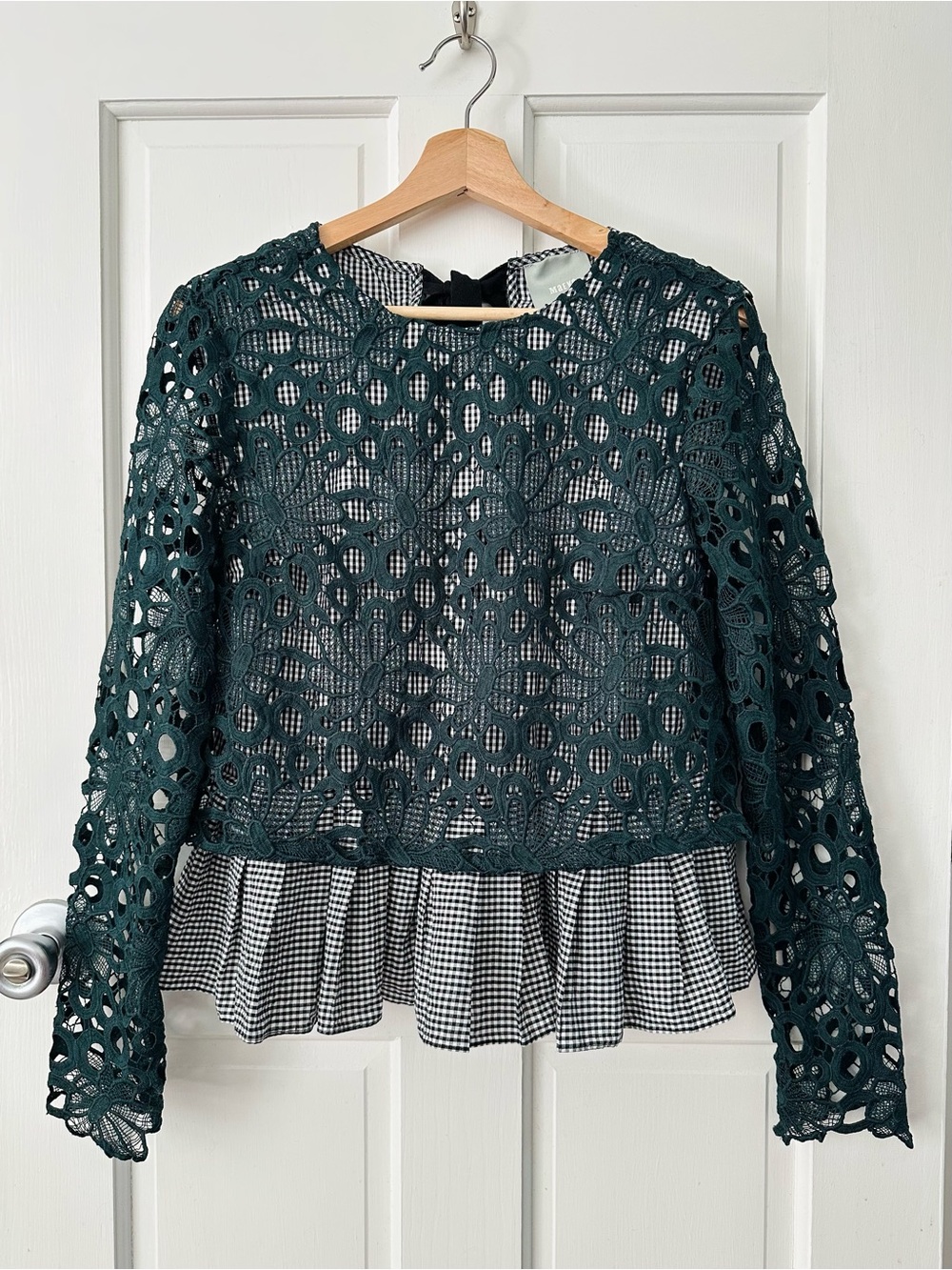 Maeve Anthropologie Dark TealGreen Lace Peplum Top Pleated Gingham Trim Size S